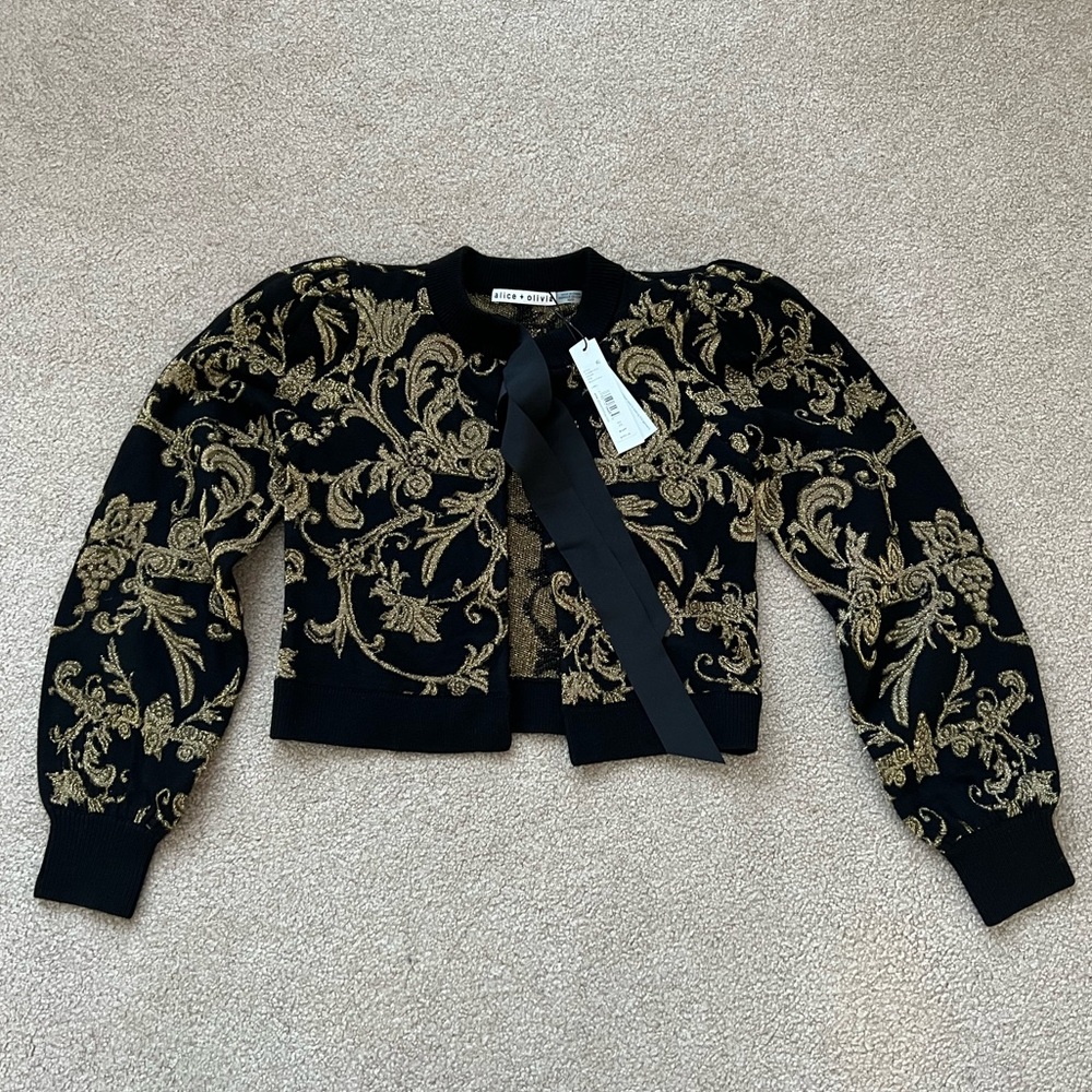 Alice + Olivia Black and Gold Embroidered Cardigan